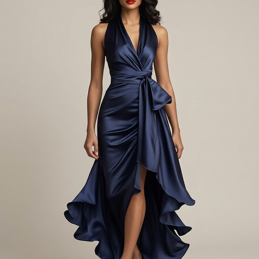 Satin Halter Maxi Dress - model